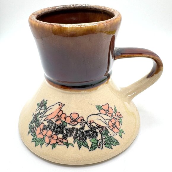 Arkansas Ceramic Pottery Mug Birds Flowers Spill-Proof Handle Brown Beige Vtg - Picture 1 of 6